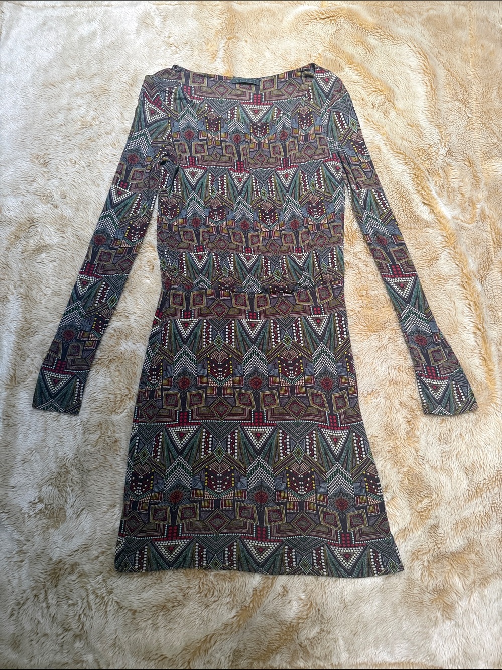Velvet Long-Sleeve Mosaic Print Dress